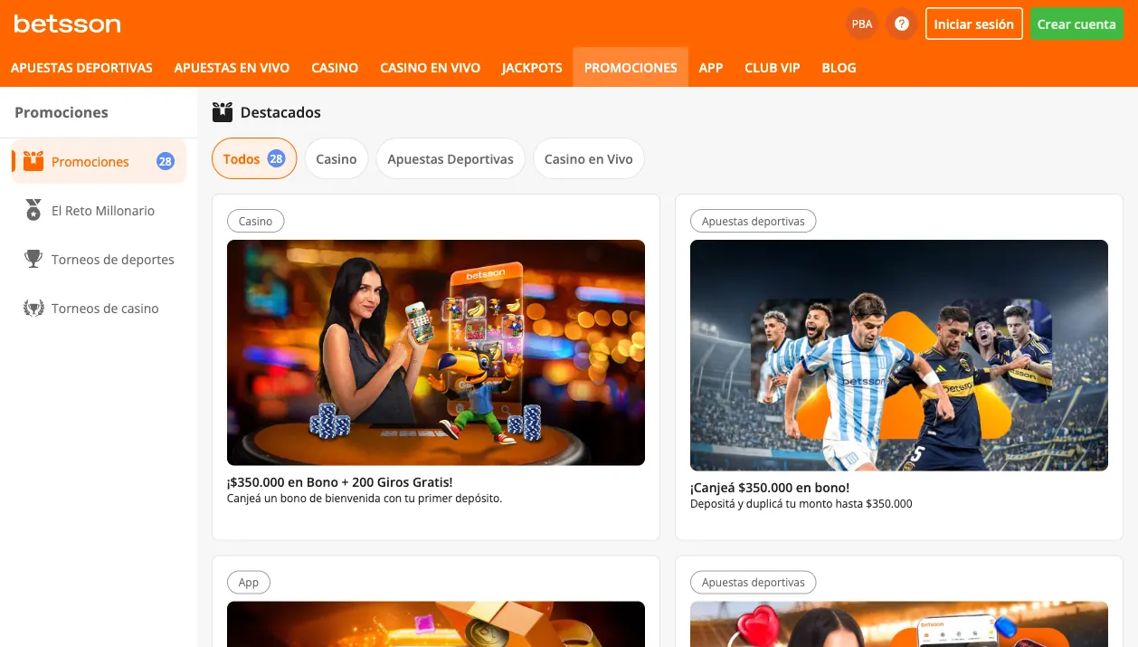 Promociones de Betsson Argentina (PBA) — mayo 2026