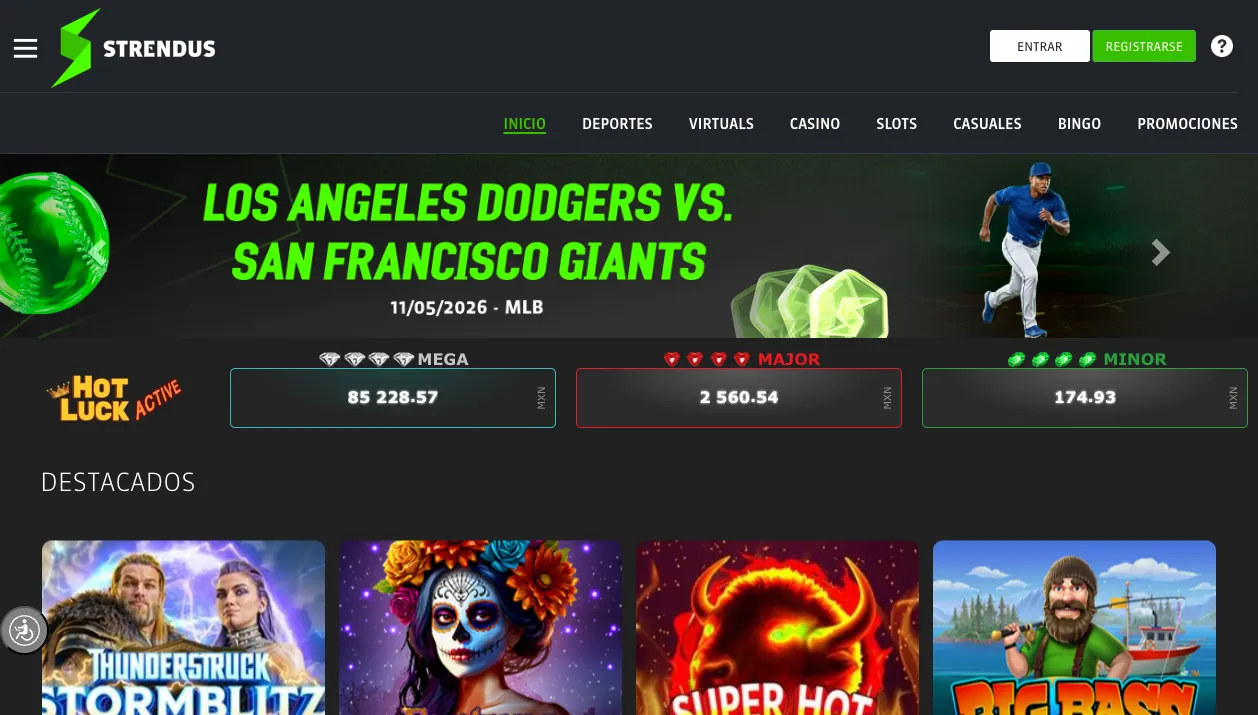 Lobby de casino de Strendus con categorías de juegos — mayo 2026