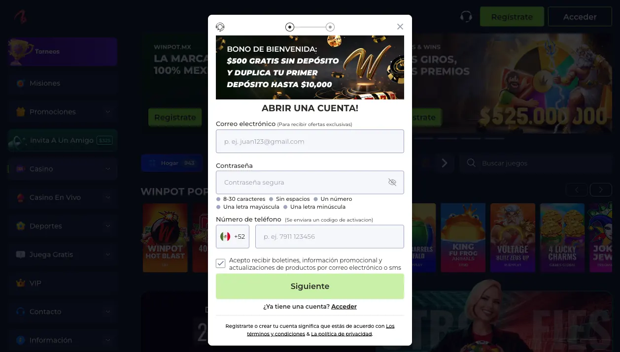 Lobby de casino de Winpot con slots y jackpots — mayo 2026