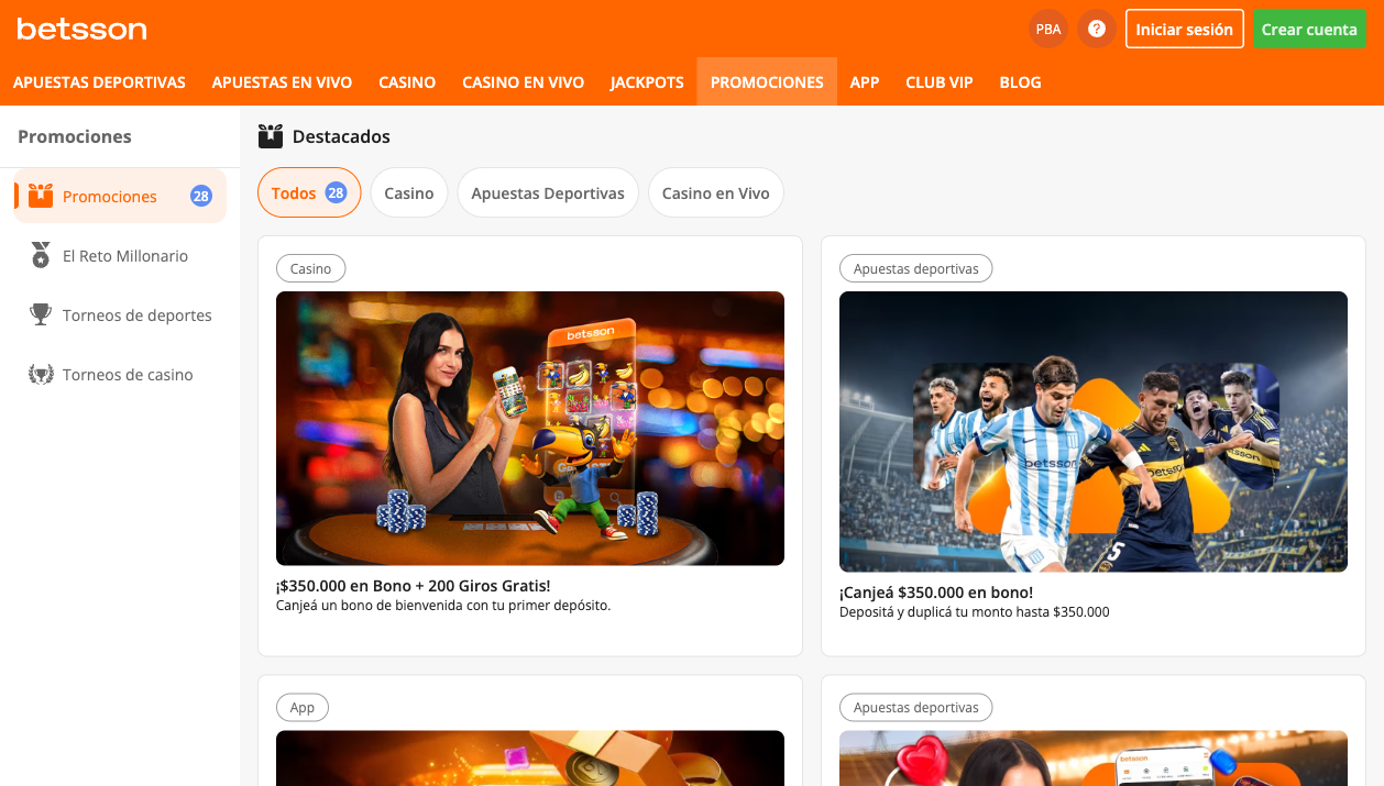 Promociones de Betsson Argentina (PBA) — mayo 2026