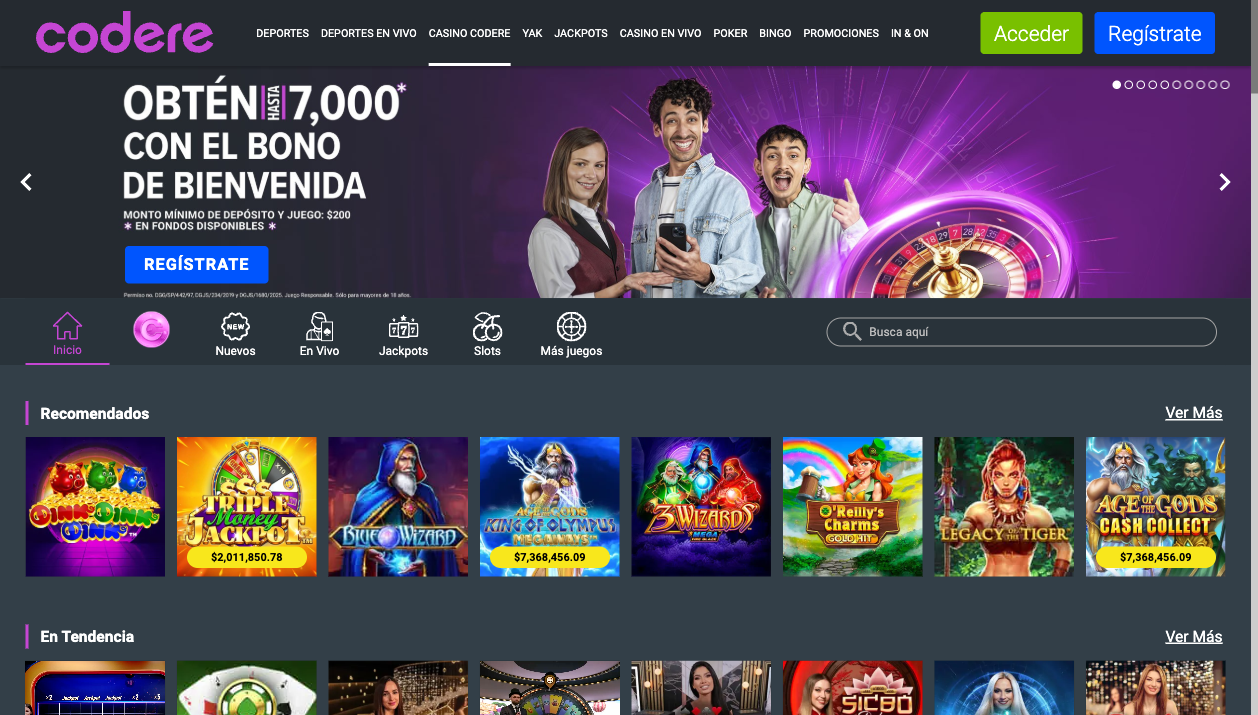 Sección de casino online de Codere México — mayo 2026