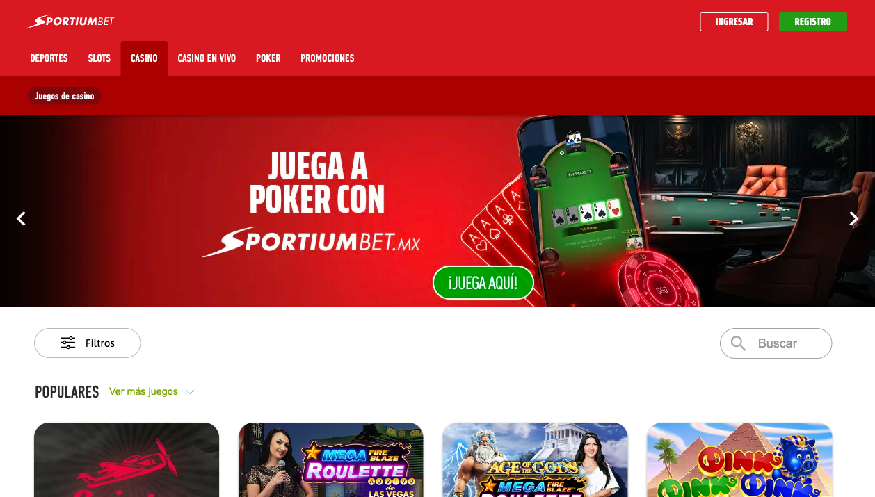 Sección de casino en línea de Sportium (GanaBet) — mayo 2026