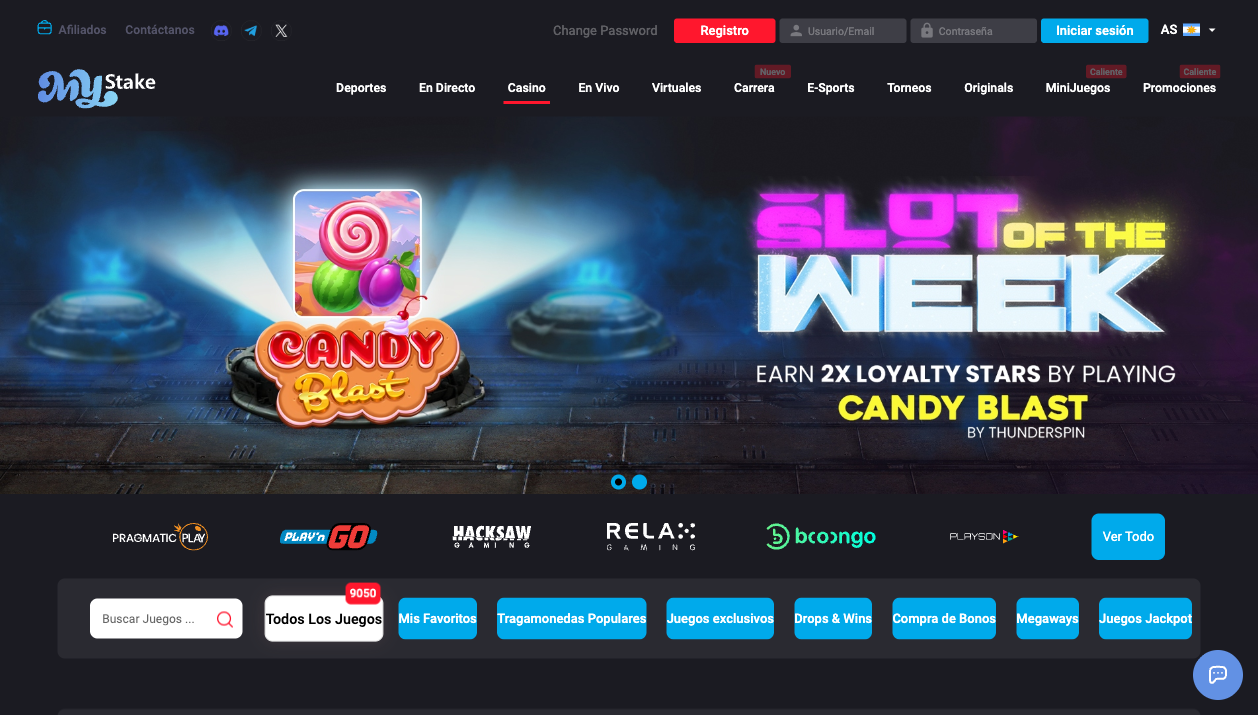 Lobby de casino de MyStake con 6,000+ juegos — mayo 2026