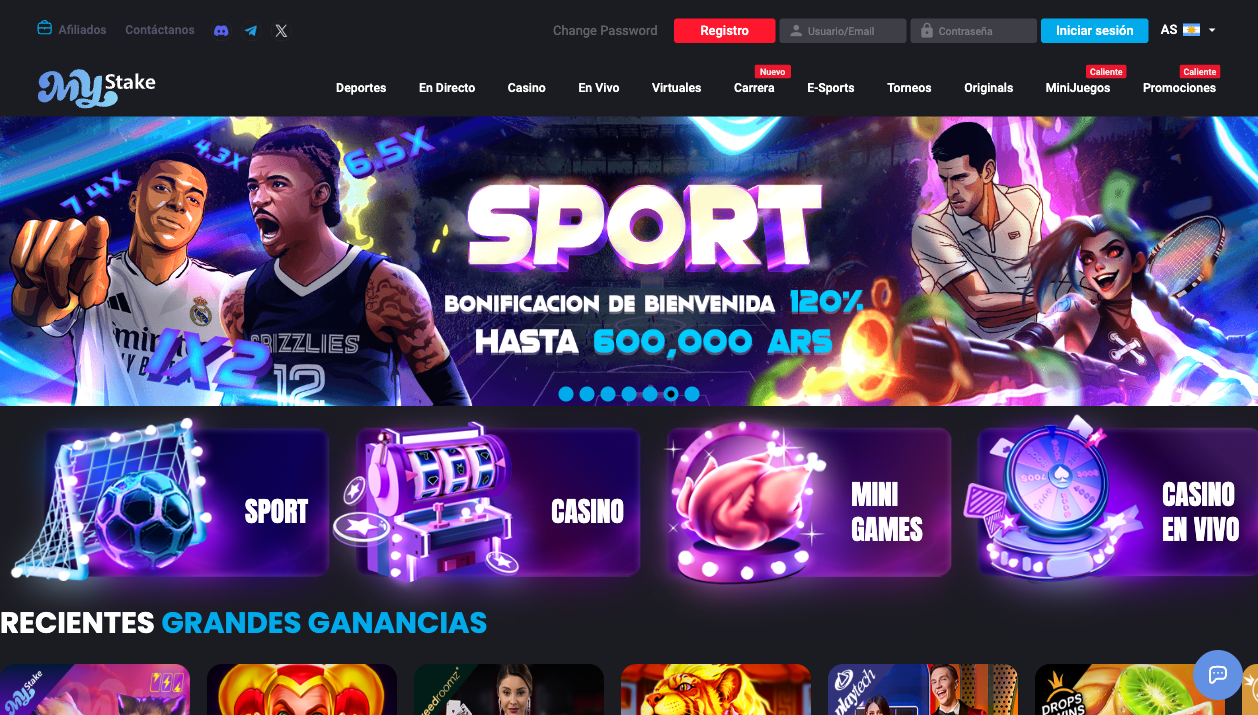 Página principal de MyStake Casino con secciones Sport, Casino, Mini Games y Casino en Vivo — mayo 2026