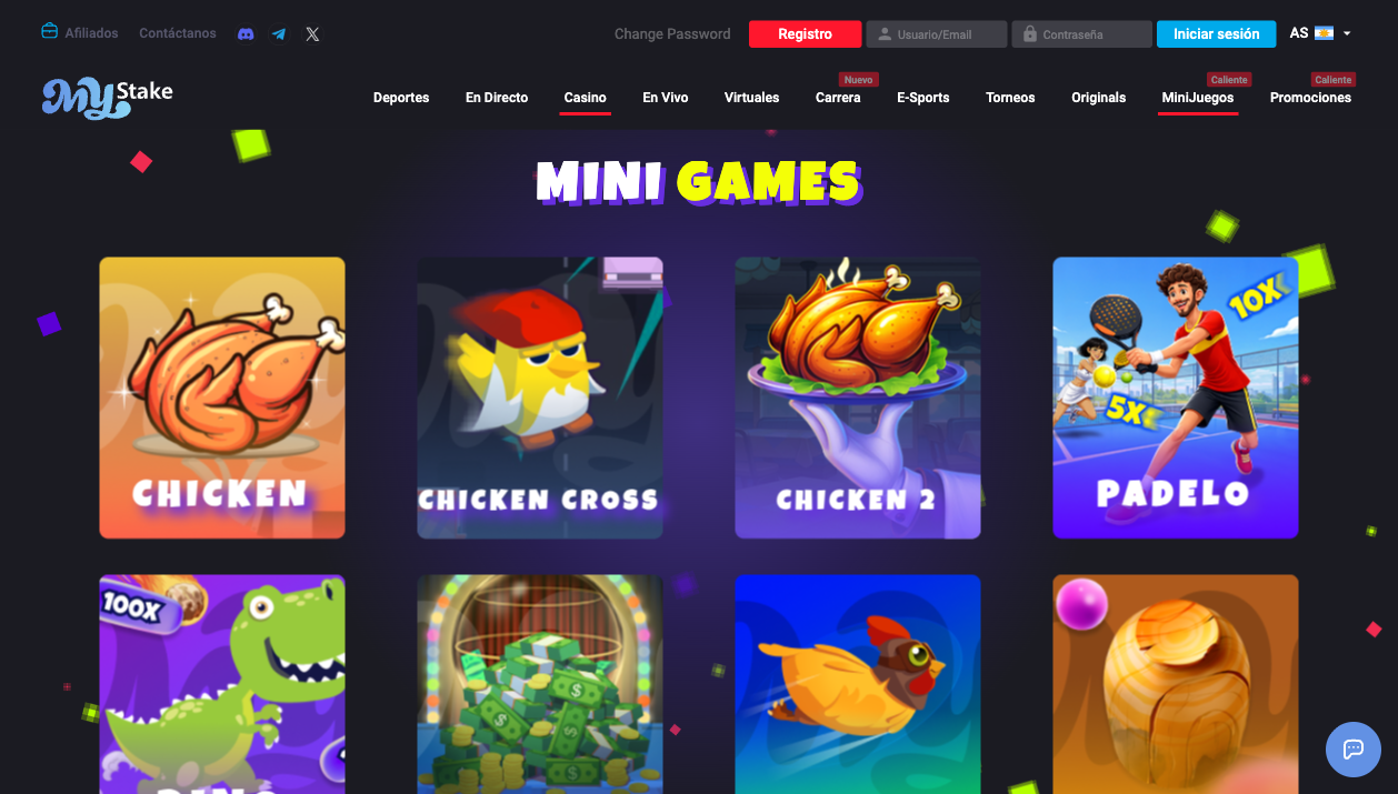 Minijuegos exclusivos de MyStake: Chicken, Dino, Plinko — mayo 2026