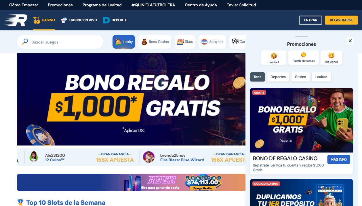 Lobby de casino de Rushbet con proveedores de juegos — mayo 2026