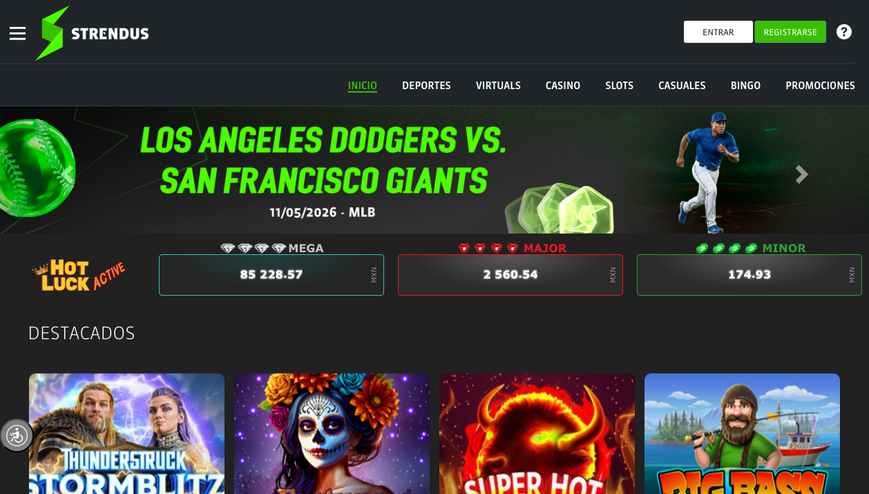Lobby de casino de Strendus con categorías de juegos — mayo 2026