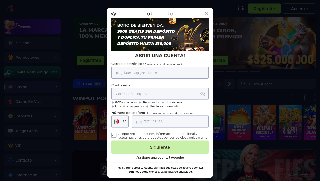 Lobby de casino de Winpot con slots y jackpots — mayo 2026